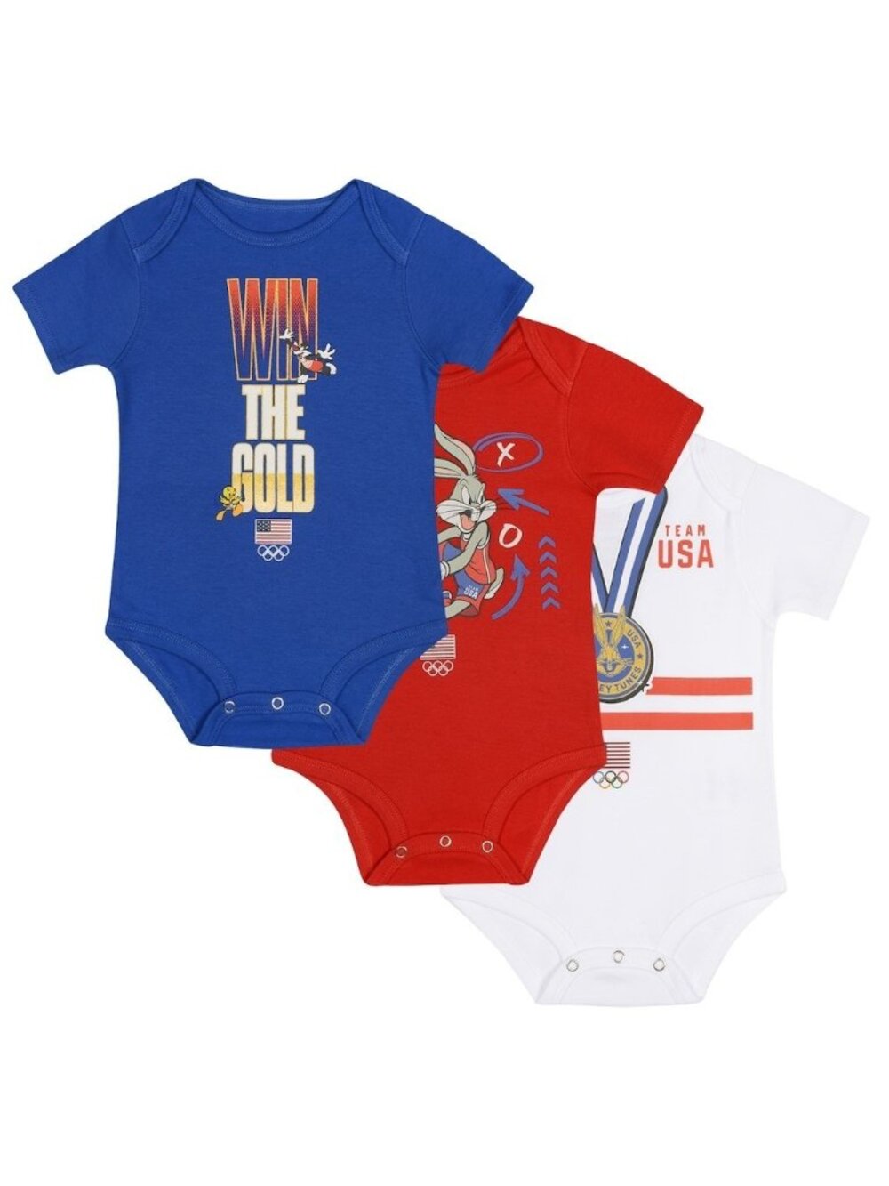 Team USA Looney Tunes 3 PCK Bodysuit Romper Set Red, White & Blue 12 Months